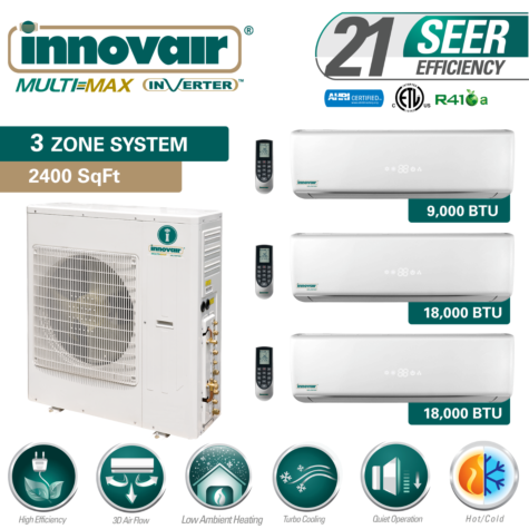 45000 BTU Tri Zone Ductless Mini Split Air Conditioner Heat Pump SEER 21 Multi