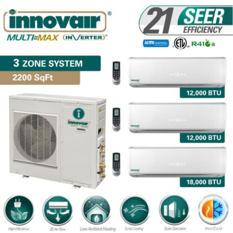 42000 BTU Tri Zone Ductless Mini Split Air Conditioner Heat Pump SEER 21 Multi